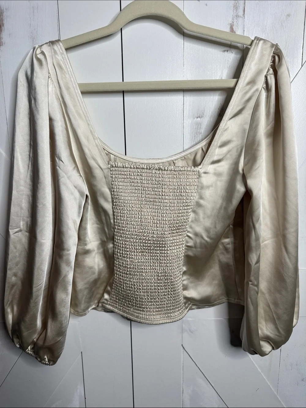 Free People Cream Deep Scoop-Neck Corset Style Puff Sleeve Top